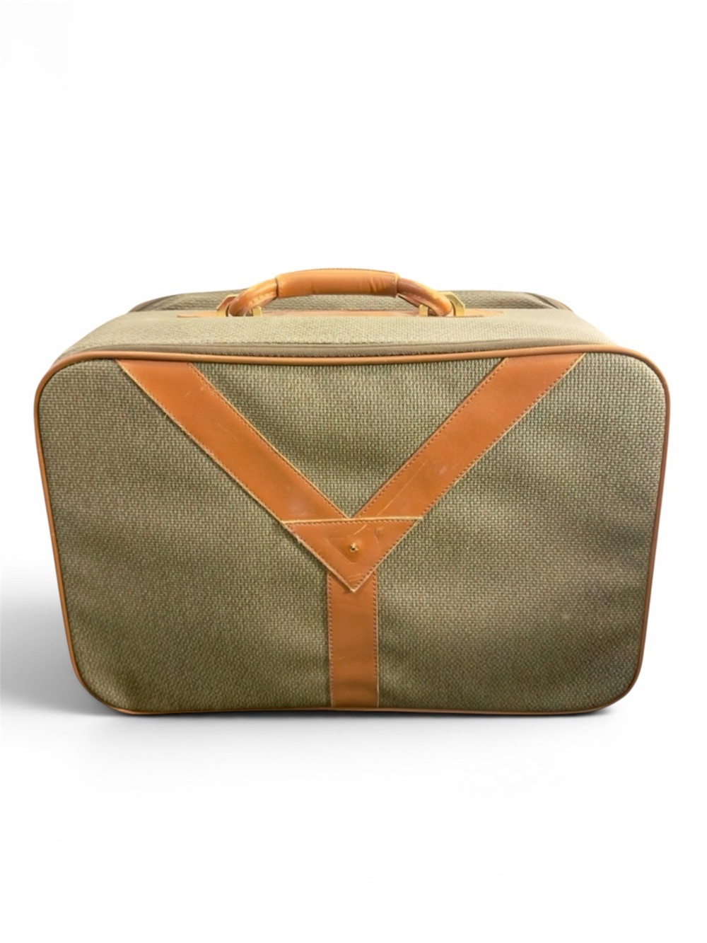 Vintage 1970s YSL Yves Saint Laurent Canvas Suitcase Olive Tan Leather Bag 19 in